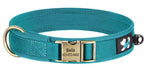 Load image into Gallery viewer, Teal personalised dog collar with a gold buckle and brand tag on a white background