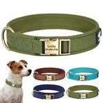 Load image into Gallery viewer, Green personalised dog collar with engraved name and phone number, displayed with a dog and other color options on a white background.