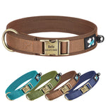 Load image into Gallery viewer, Set of four dog collars in different colors with engraved metal tags on a white background.
